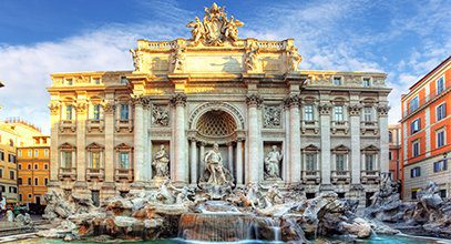 A fountain stands in front of the Trevi Fountain.