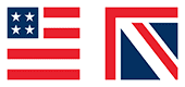 A carmine rectangle with a flag symbol and font prominently.