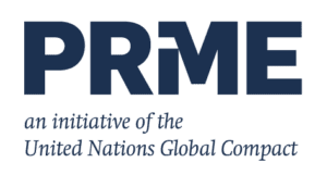 This image is showing the United Nations Global Compact's initiative, PRME (Principles for Responsible Management Education). Full Text: PRME an initiative of the United Nations Global Compact