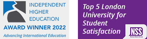 This image is showcasing the award-winning London universities for student satisfaction in 2022 according to the National Student Survey. Full Text: INDEPENDENT Top 5 London HIGHER University for EDUCATION AWARD WINNER 2022 Student Satisfaction NSS Advancing International Education
