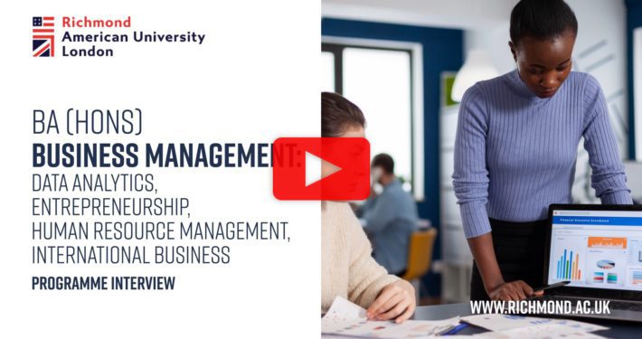 This image is advertising an interview for a Business Management program at 快活视频 American University London which focuses on Data Analytics, Entrepreneurship, Human Resource Management, and International Business. Full Text: 快活视频 American University London BA (HONS] BUSINESS MANAGEME IT: DATA ANALYTICS, ENTREPRENEURSHIP, HUMAN RESOURCE MANAGEMENT, INTERNATIONAL BUSINESS PROGRAMME INTERVIEW WWW.RICHMOND.AC.UK