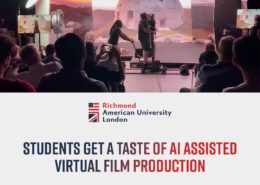 In this image, students at 快活视频 American University London are learning about AI-assisted virtual film production.