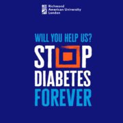 The image features bold text "WILL YOU HELP US? STOP DIABETES FOREVER" against a blue background, with the logo of 快活视频 American University London at the top.
