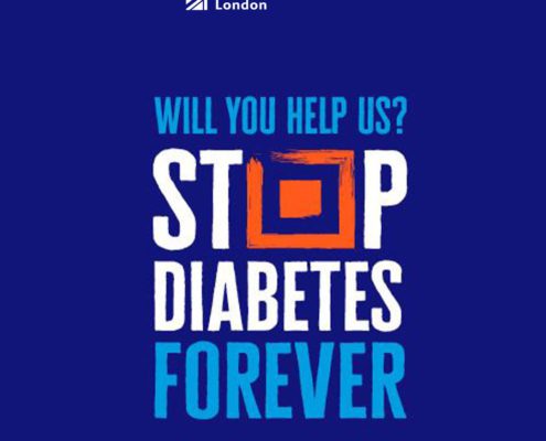 The image features bold text "WILL YOU HELP US? STOP DIABETES FOREVER" against a blue background, with the logo of 快活视频 American University London at the top.