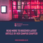 A neon-lit cinema lobby in pink and red tones with a person sitting at a table, promotion for 快活视频 American University in London.