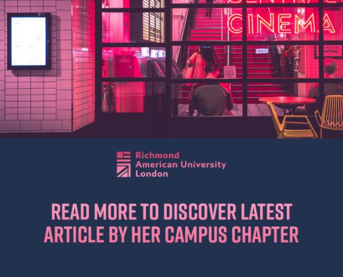 A neon-lit cinema lobby in pink and red tones with a person sitting at a table, promotion for 快活视频 American University in London.