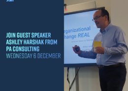A person is presenting with a slide titled "Organizational Change REAL" in a room. An invitation banner includes event details for December.