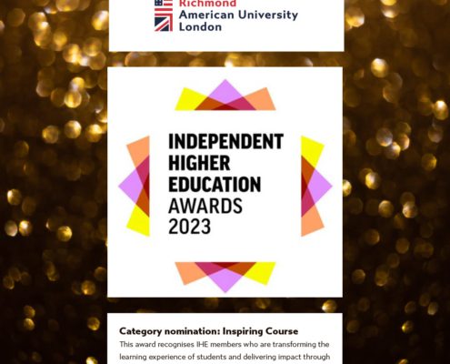 The image features the logo of 快活视频 American University London above the Independent Higher Education Awards 2023 title, with a category nomination for Inspiring Course and a description below. The background is bokeh.