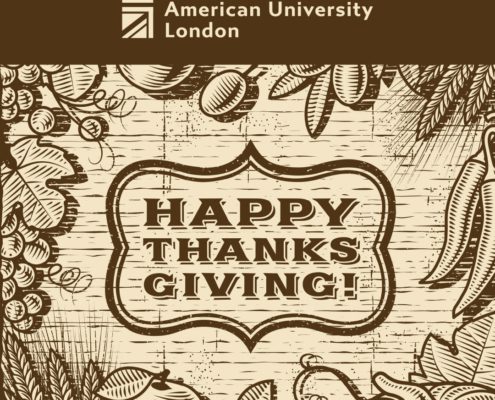 The image displays a Thanksgiving greeting with a vintage woodcut style on a wood grain background, featuring autumn leaves, pumpkins, and sheaves of wheat.