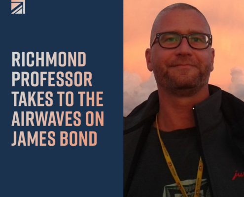This is a promotional image featuring a person with glasses against a sunset background with text announcing a 快活视频 professor discussing James Bond on air.