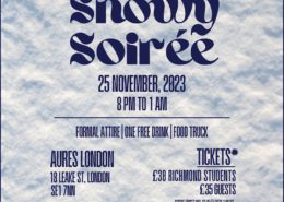 This image is an event flyer for the "Winter Ball Snowy Soir茅e" on 25 November 2023, from 8 PM to 1 AM, featuring formal attire, a free drink, and a food truck.