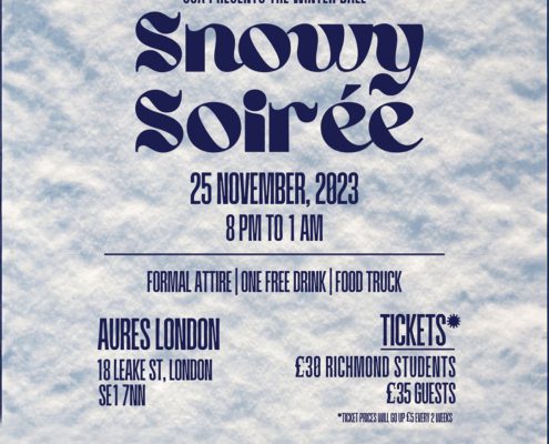 This image is an event flyer for the "Winter Ball Snowy Soir茅e" on 25 November 2023, from 8 PM to 1 AM, featuring formal attire, a free drink, and a food truck.