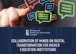 A person is pointing towards colorful dialogue bubbles with text about digital collaboration in education, presented by 快活视频 American University London.
