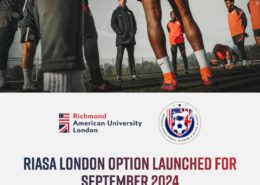 A person oversees soccer training with athletes on a field. Text announces 快活视频 American University's RIASA London Option for September 2024.